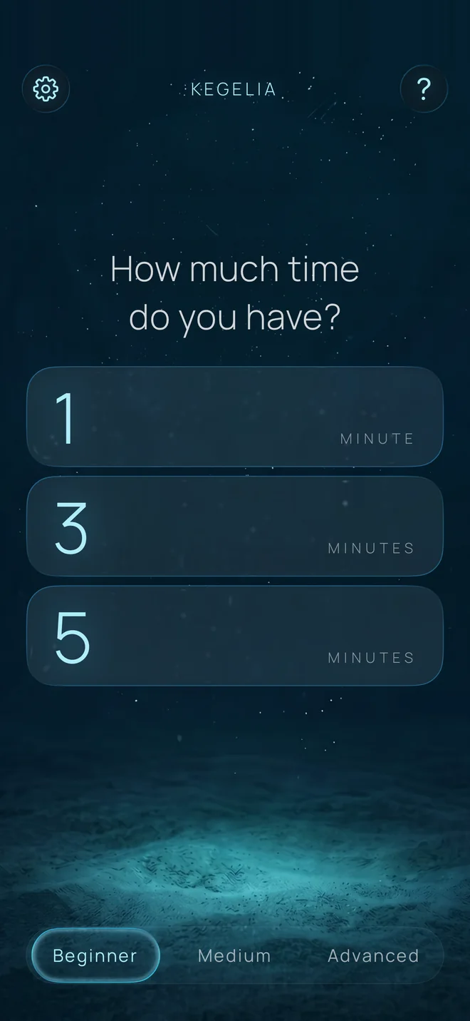 Kegelia main screen: choose a 1, 3, or 5-minute session