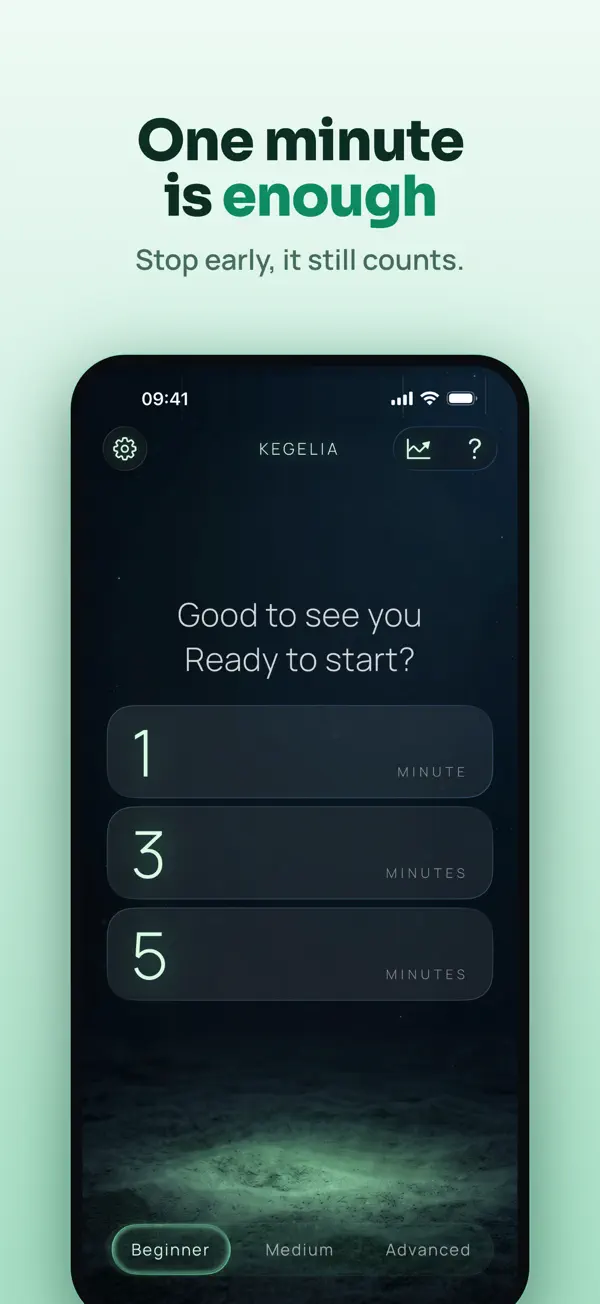 Kegelia home screen with 1, 3 and 5 minute session cards and Beginner, Medium and Advanced levels