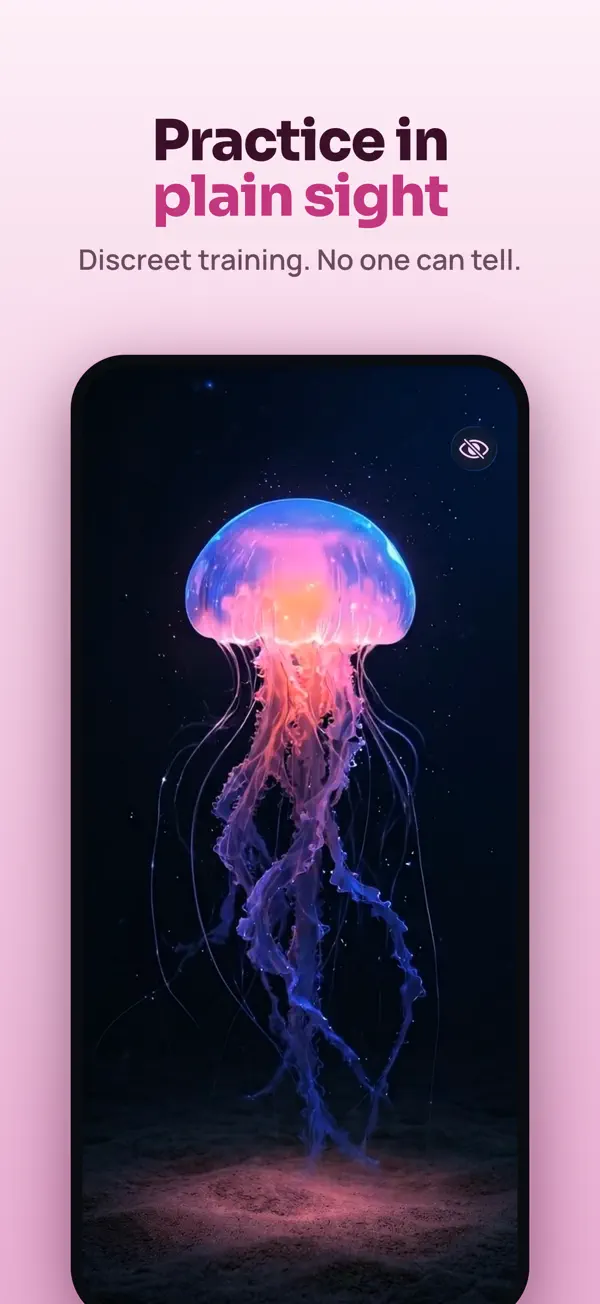 Pink jellyfish theme with a hide interface button for discreet pelvic floor training