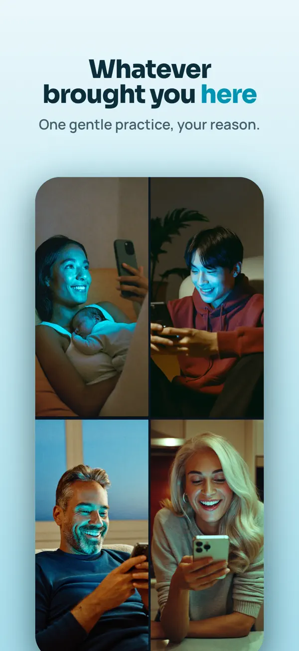 Four people using Kegelia: a new mother with her baby, a young man, a middle aged man and a woman