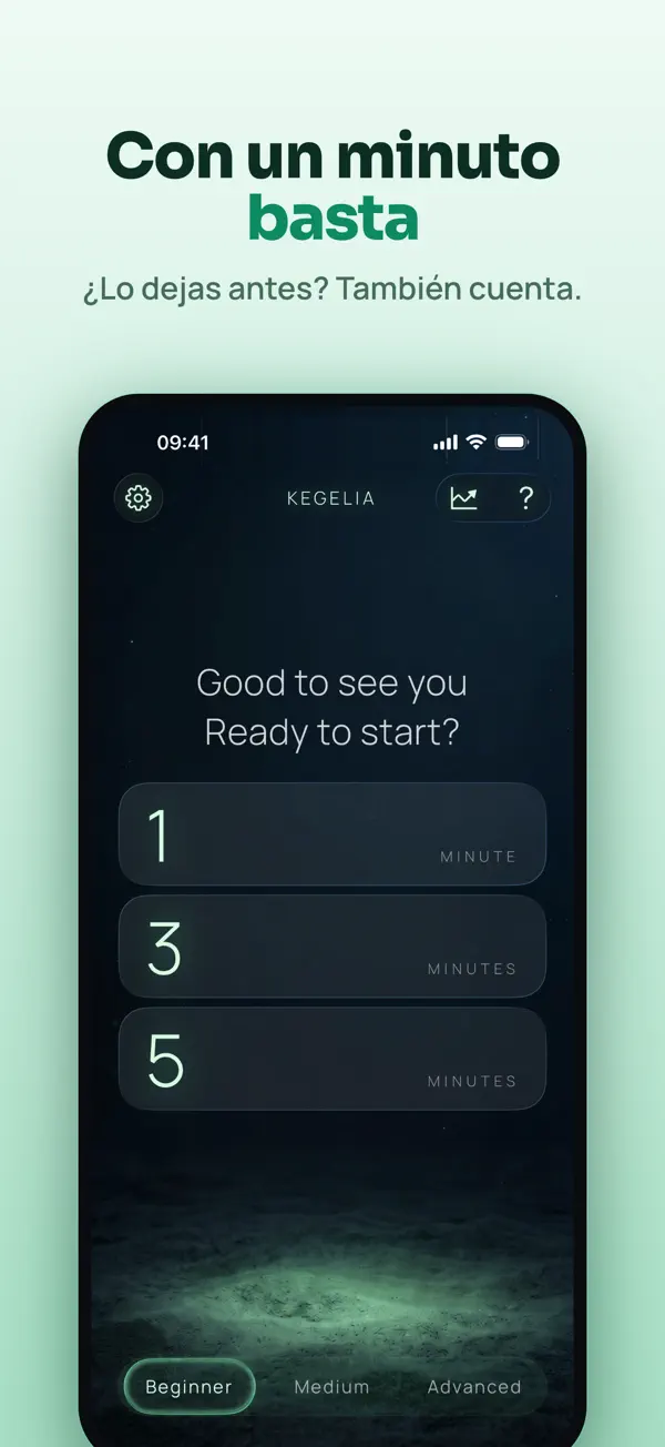 Pantalla de inicio de Kegelia con sesiones de 1, 3 y 5 minutos y niveles Principiante, Medio y Avanzado
